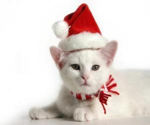 Puzzle λευκή γάτα με Santa Claus καπέλα